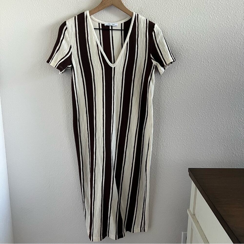 Zara Trafaluc Vertical Striped Dress Y2K V Neck Cream Brown Small